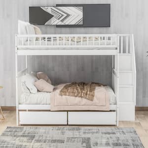 White Full Over Full Bunk Beds with 2 Drawers, Detachable Wood 2 Kids Bunk Bed Frame with Shelves and Staircases