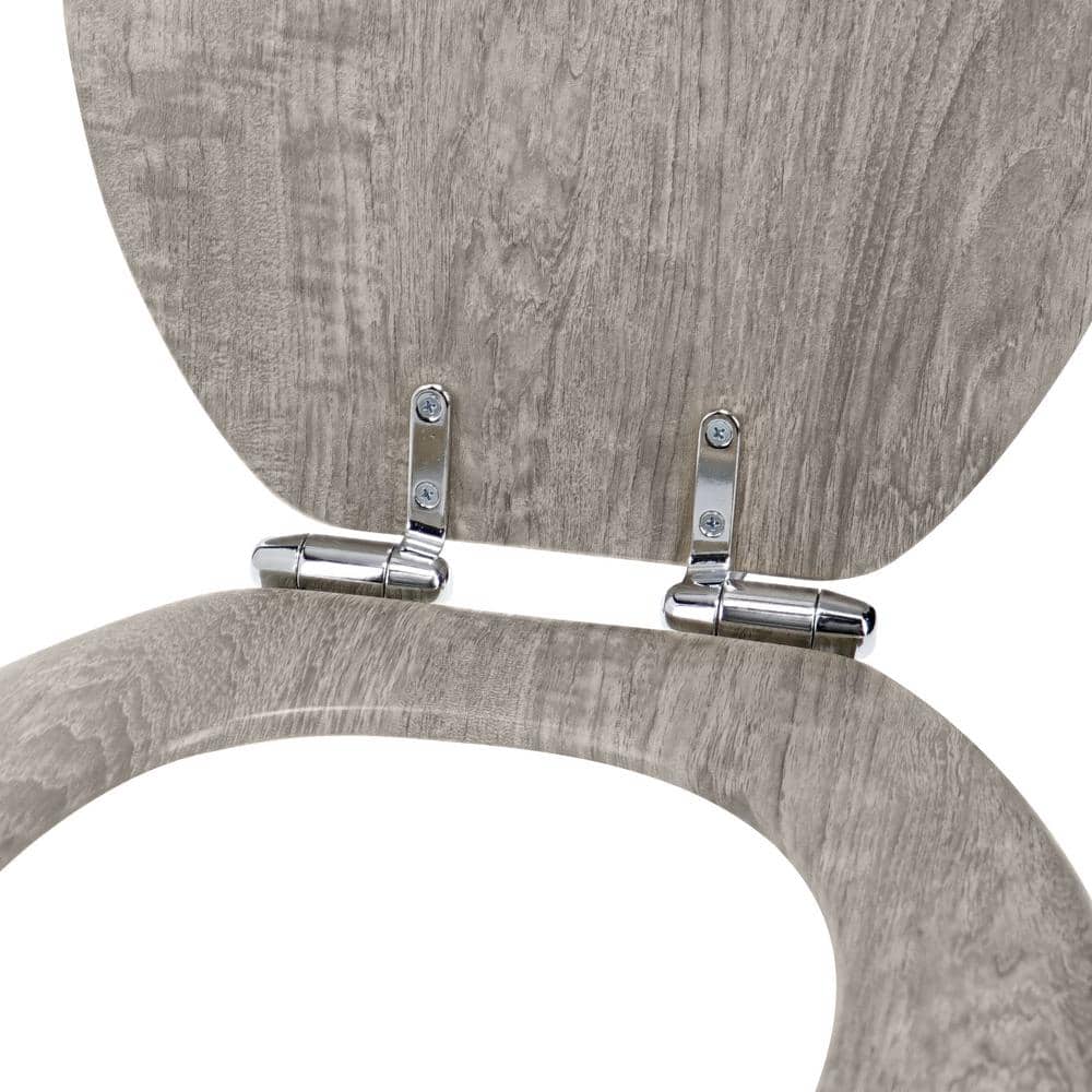 Elongated Gray Distressed Wood Veneer Toilet Seat with Chrome Hinges