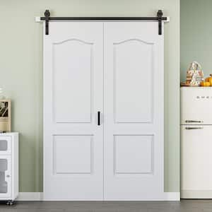 56 in. x 84 in. Paneled 2-Lite White Primed MDF Composite Bi-fold Sliding Barn Door with Hardware Kit and Handle