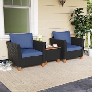 3-Piece Wicker Outdoor Patio Conversation Set Furniture Set with Navy Cushions and Acacia Wood Coffee Table