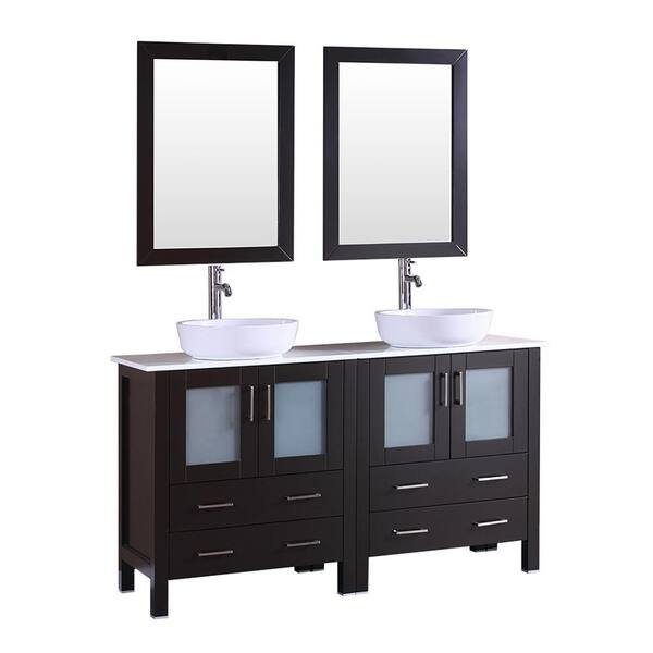 Bosconi Bosconi 59.1 in. Double Vanity in Espresso with Vanity Top with White Basin and Mirror