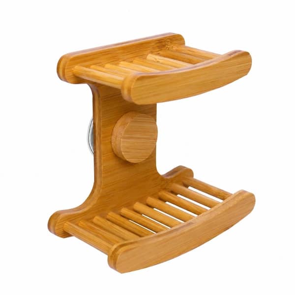 Suction Cup Bamboo Soap Dish Holder for Shower, Self-Draining, No-Drill Wall Mount, Rectangular Tray
