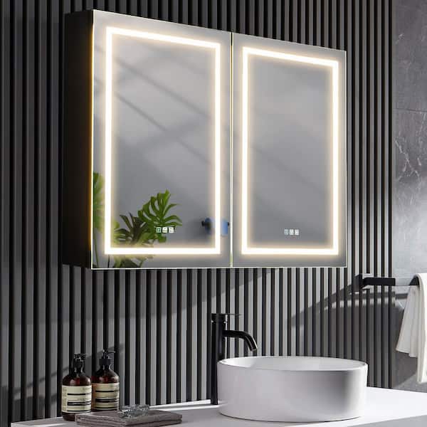 Unbranded 24 in. W x 36 in. H Medium Rectangular Black Aluminium Surface Mount Medicine Cabinet with Mirror and LED Lighted