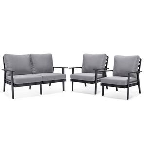 Walbrooke Black 3-Piece Aluminum Outdoor Loveseat and Set of 2 Armchairs with Removable Cushions, Grey