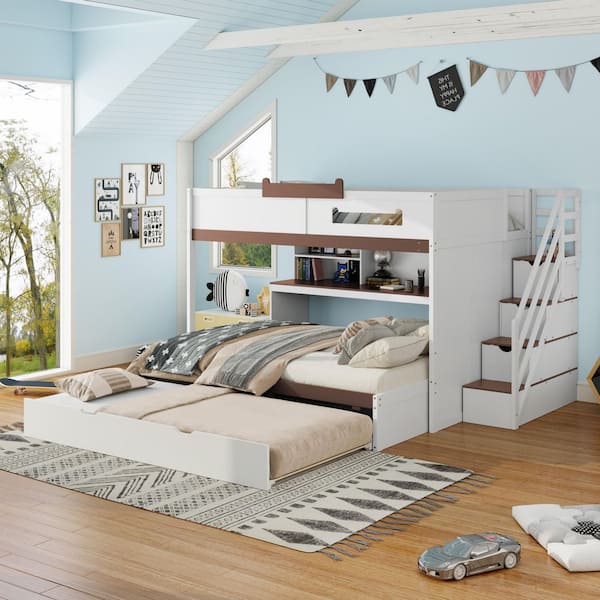 White Full Over Full Bunk Bed with Storage Staircase, LED Light, Shelves, Safety Guardrails and Twin Trundle