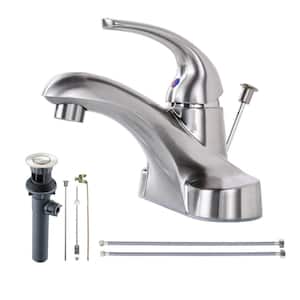Durable 4 in. Centerset Single Handle Mid Arc Bathroom Faucet with Drain Kit in Brushed Nickel