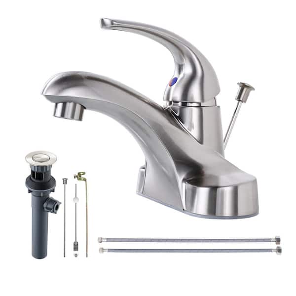 IVIGA Durable 4 in. Centerset Single Handle Mid Arc Bathroom Faucet with Lift Rod Drain and Supply Lines in Brushed Nickel