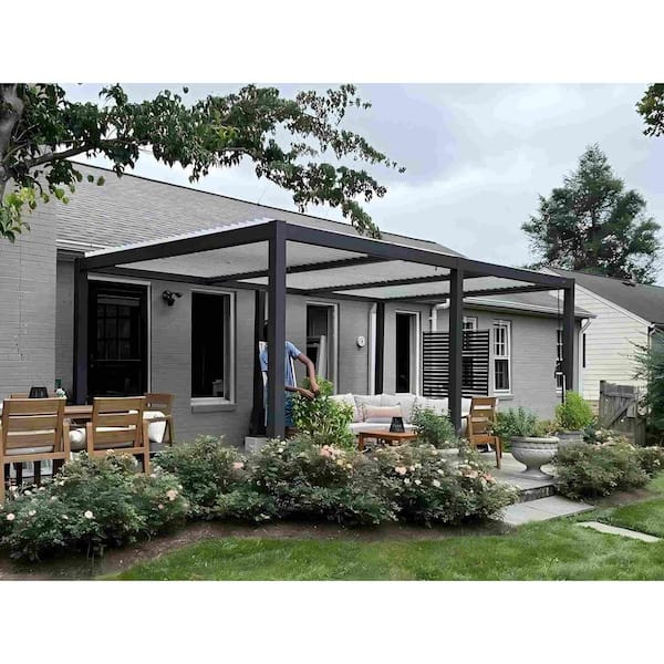 11.7 ft. x 18.2 ft. Gray Aluminum Outdoor Louvered Pergola with 3 White Individual Adjustable Roofs and In-Built Gutter