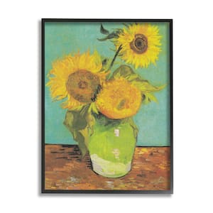 "Traditional Sunflower Painting over Turquoise Van Gogh" by Vincent Van Gogh Framed Nature Wall Art Print 24 in x 30 in