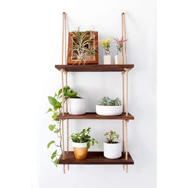 Hanging Rack 3-Tiers Wooden Wall Shelf Plant Storage Rack