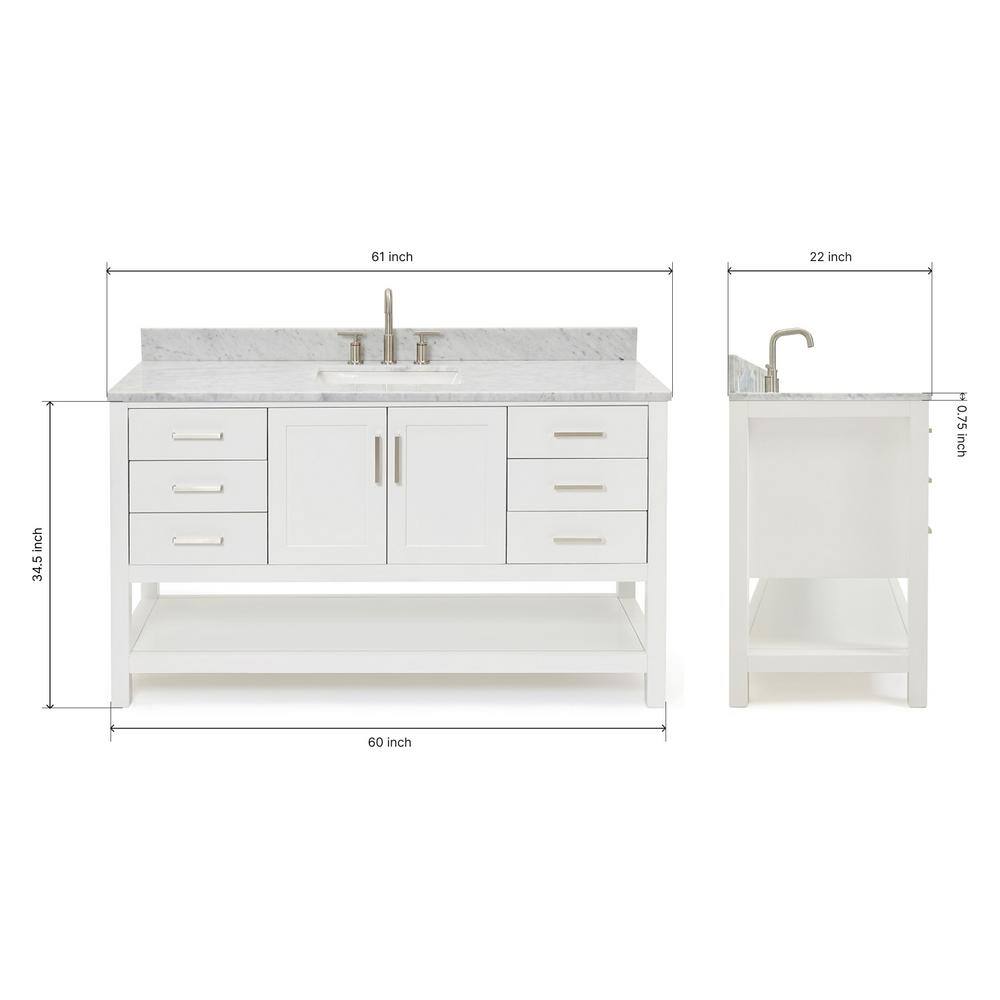 Magnolia 61" White Solid Wood Bathroom Vanity with Marble Top