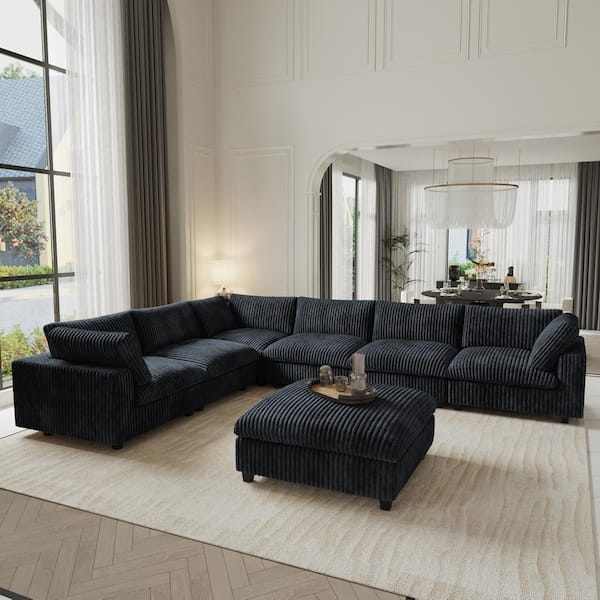 157.4 in. Oversized Square Arm Plush Soft Velvet L-Shaped Sectional Sofa 6-Seater with Ottoman, Washable Covers in Black