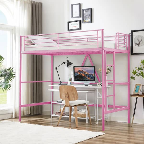 Twin Size Metal Loft Bed, Pink Heavy Duty Bed Frame with Removable Ladder, Safety Guardrail and Space-Saving Design Bed