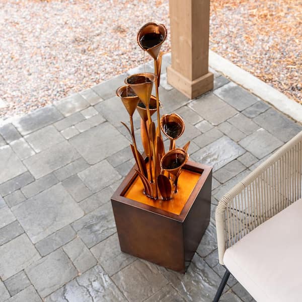 Metal Sculptural Multi-Tiered Flower Water Fountain, Bronze, 46 in. Tall
