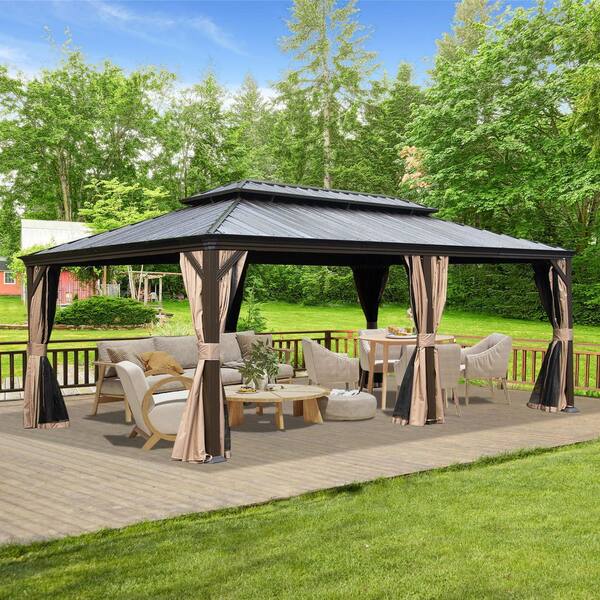 14 ft. x 22 ft. Gray Metal Galvanized Steel Roof Hardtop Gazebo with Curtains and Netting