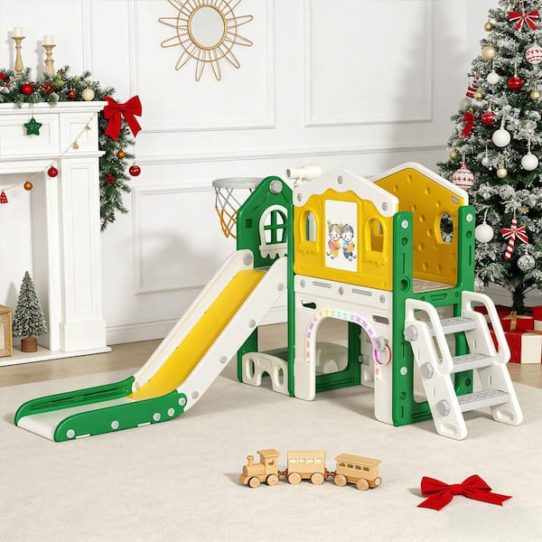 9-in-1 Toddler Slide Playground w/ LED Lights, Basketball Hoop & Drawing Board, Indoor Outdoor Toddler Playset