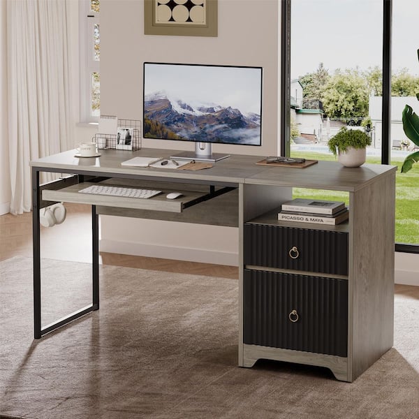 Bestier 55 in. Grey 2-Drawers Writing Computer Desk with Open and File Storage, Keyboard Tray and Practical Hook