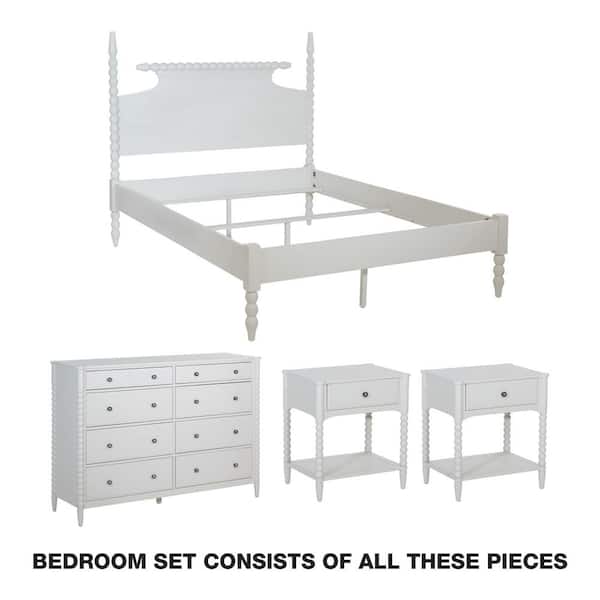 Spindle 4-Piece Sandcastle Antique White Queen Bedroom Set with Nightstands and Dresser
