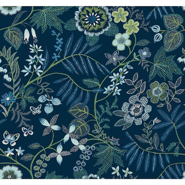 SCOTT LIVING Marilyn Dark Blue Matte Floral Trail Non-Pasted Non-Woven Paper Wallpaper