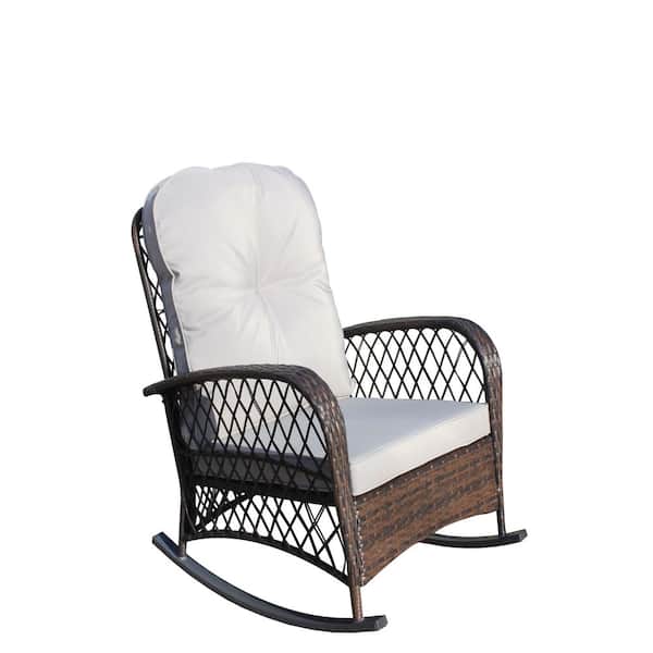 Unbranded Wicker Outdoor Rocking Chair with Soft Light Gray Cushion for Patio, Garden, Backyard