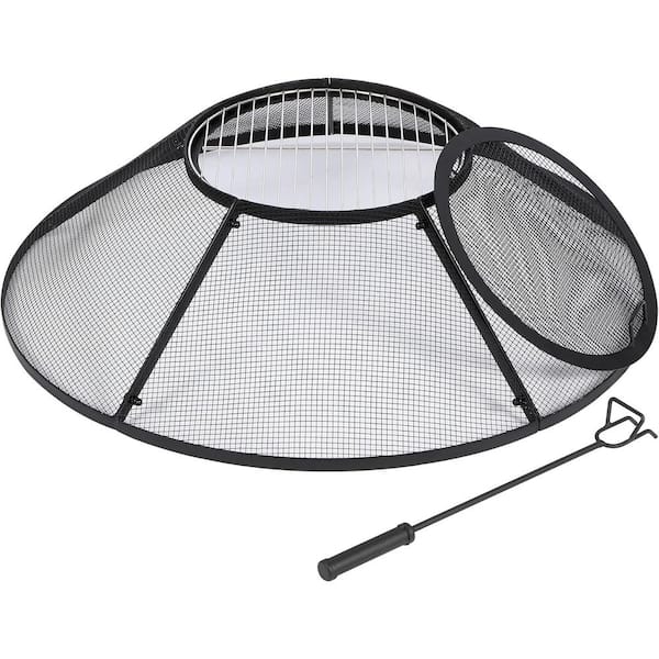 Misopily Black 30 in. Fire Pit Spark Screen Cover with Top Cover Round and Steel Grill Grate for Patio Backyard