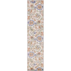 Aloha Ivory Blue 2 ft. x 8 ft. Floral Contemporary Indoor/Outdoor Area Rug