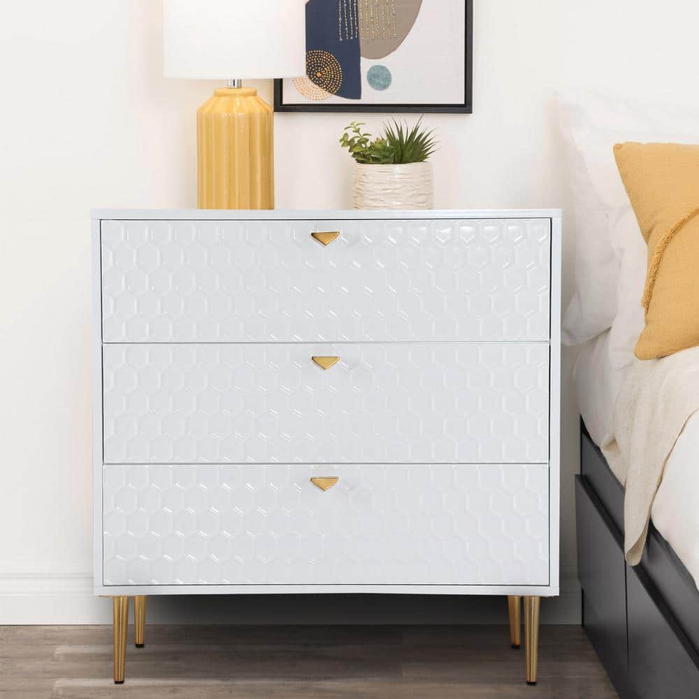 White Honeycomb Pattern 3-Drawer Mid-Century Modern Accent Cabinet