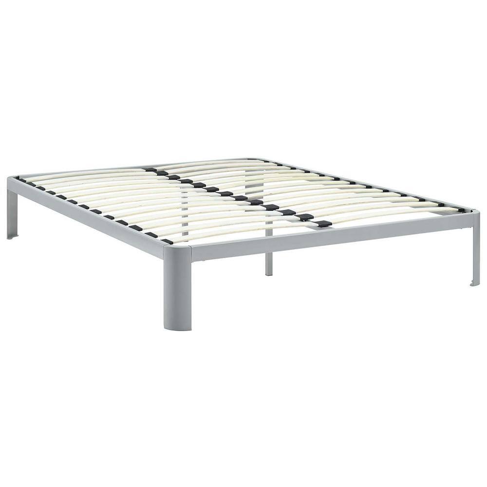 Gray Metal Queen Bed Frame with Slats and Non-Marking Pads