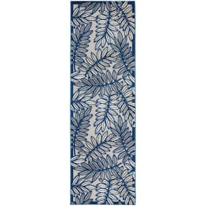 Aloha Ivory/Navy 2 ft. x 6 ft. Kitchen Runner Floral Contemporary Indoor/Outdoor Patio Area Rug