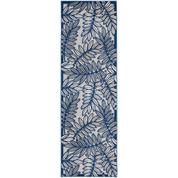 Nourison Aloha Ivory/Navy 2 ft. x 6 ft. Kitchen Runner Floral Contemporary Indoor/Outdoor Patio Area Rug