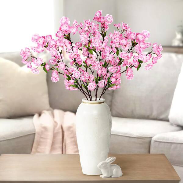 35 in. Pink Artificial Cherry Blossom Flower Stem Spray (Set of 4)
