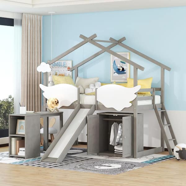 Harper & Bright Designs Gray Wood Frame Twin Size House Loft Bed with Pullable Desk, Wardrobe, Slide, Ladder and Fence with White Wings