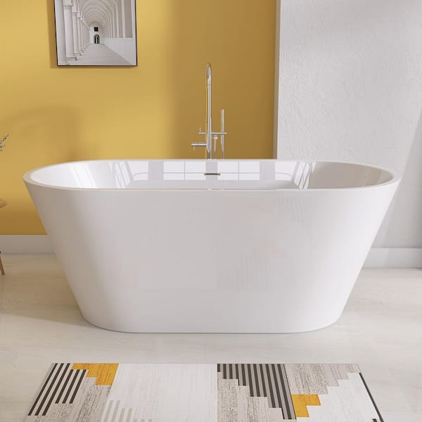 Ane 51 in. x 27.5 in. Acrylic Free Standing Tub Flatbottom Freestanding Soaking Bathtub with Removable Drain in White