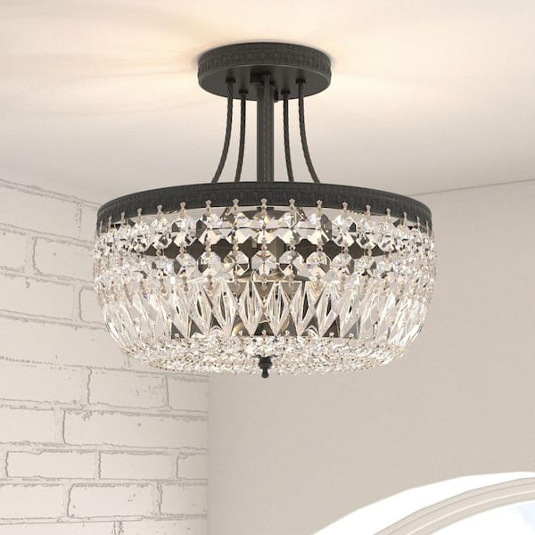 Portland 11.8 in. 3-Light Black Crystal Modern Semi Flush Mount Lighting Hallway Bedroom Ceiling Lights Fixtures