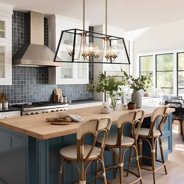 Modern 33 in. 6-Lights Brass Chandelier Lighting, Black Rectangle Pendant Lights for Kitchen Island with Round Glasses