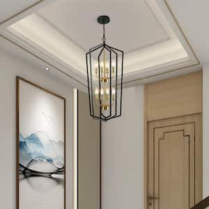 8-Light Industrial Tiered Island Hall Foyer Lantern Chandelier Ceiling Light Living Room, Black and Gold
