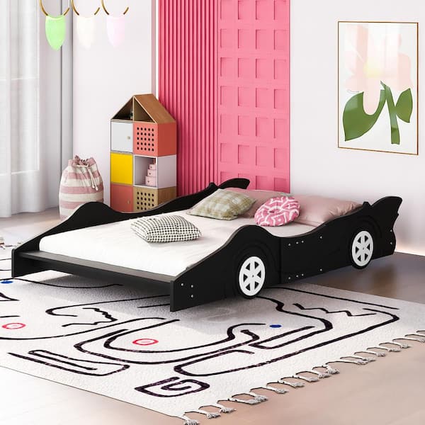 Harper & Bright Designs Black Full Size Race Car-Shaped Platform Bed with Wheels
