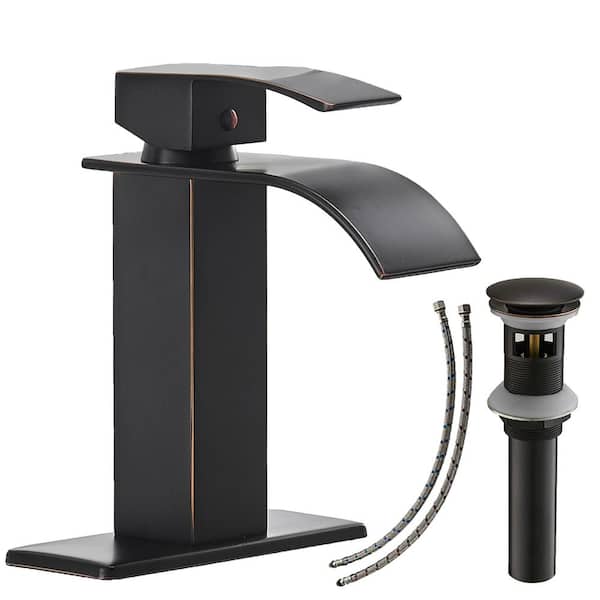BWE Waterfall Single Hole Single-Handle Low-Arc Bathroom Faucet With Pop-up Drain Assembly in Oil Rubbed Bronze