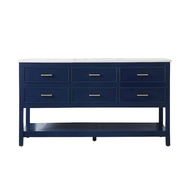 Unbranded Simply Living 60 in. Single Bathroom Vanity in Blue with Quartz Vanity Top in Calacatta White