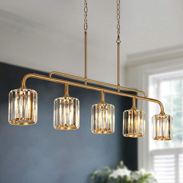 47.2 in. W 5-Light Plated Brass Island Linear Crystal Chandelier, Large Modern Glam Kitchen Dining Room Cylinder Pendant