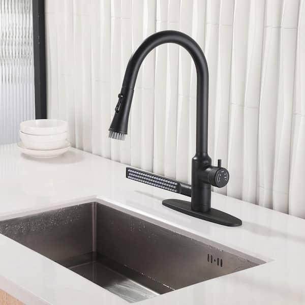 1-Handle 18 in. H Pull Down Sprayer Kitchen Faucet 3-Spray Fixed Sink Faucet 2 GPM with Side Spray in Matte Black