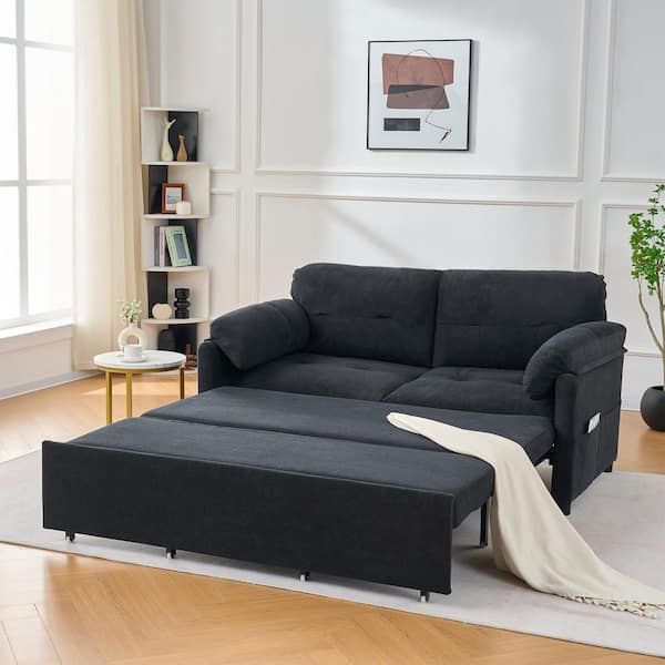 Emma 3-in-1 Convertible 71.65 in. Black Chenille Upholstered Queen Size Sofa Bed, Side Storage