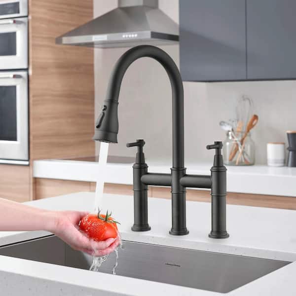 Double Handle Bridge Kitchen Faucet with Pull-Down 3-Spray Patterns and 360 Degrees Rotation Spout in Matte Black
