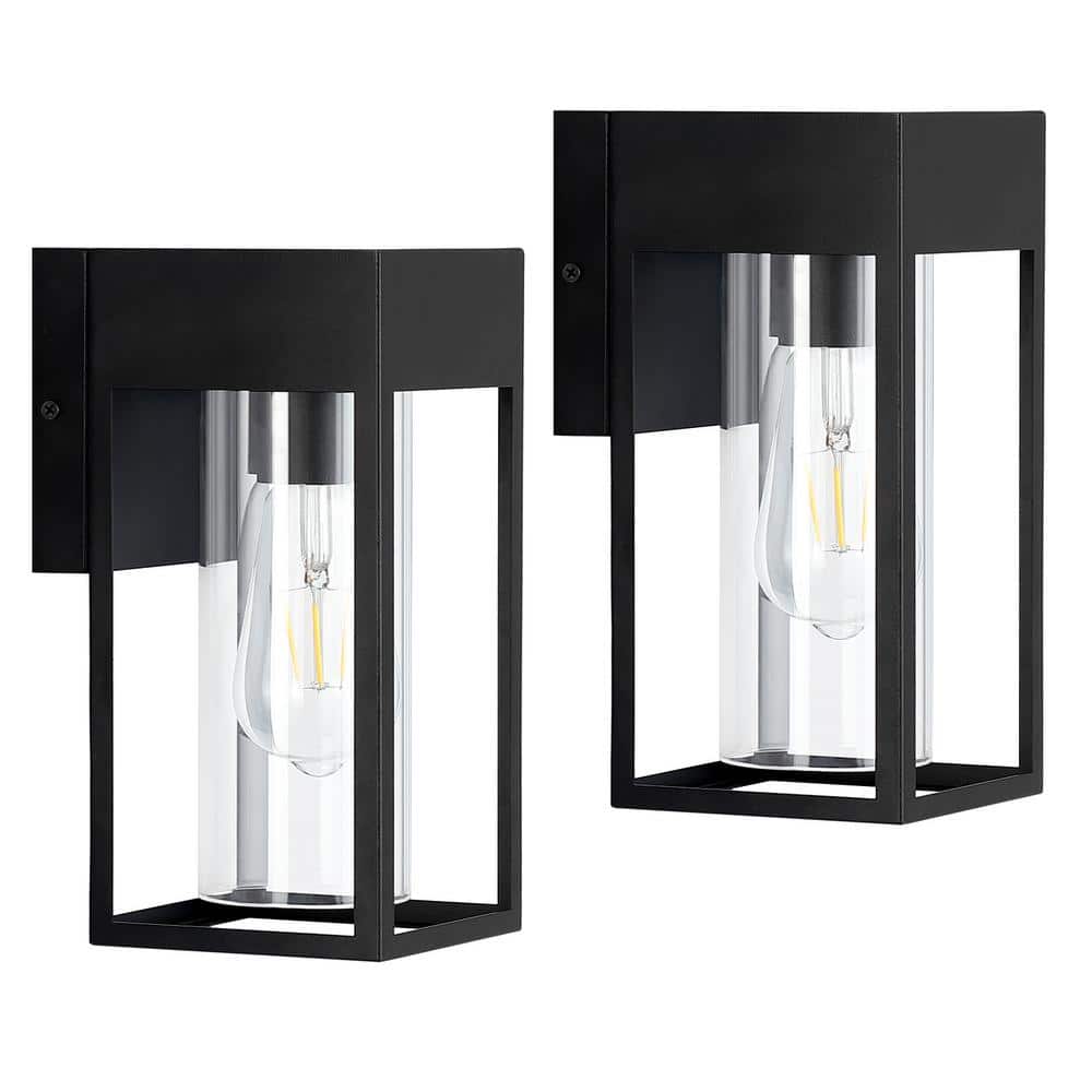 9-Inch Black Modern Outdoor Wall Lantern Sconce with Clear Glass, 2-Pack