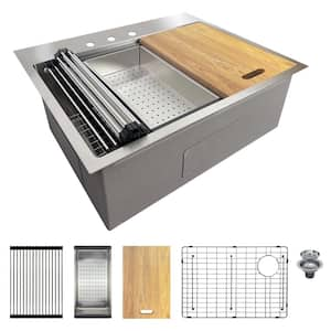 Workstation 27 in. Drop-in Single Bowl Stainless Steel 3-Hole Kitchen Sink with Accessories