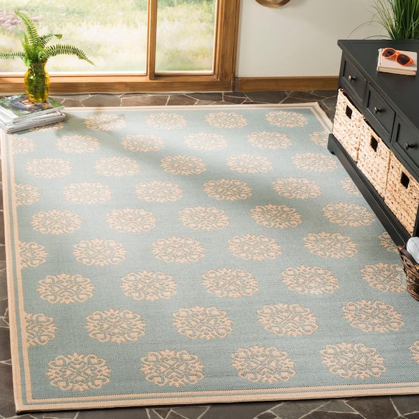Linden Aqua/Cream 7 ft. x 7 ft. Border Multi-Florals Indoor/Outdoor Square Area Rug
