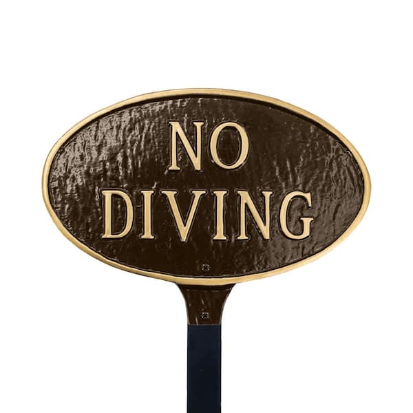 Montague Metal Products No Diving Small Oval Statement Plaque with Lawn Stake - Oil Rubbed/Gold
