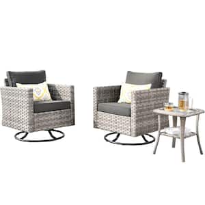 Tahoe Grey 3-Piece Wicker Outdoor Patio Conversation Swivel Rocking Chair Set with a Side Table and Black Cushions