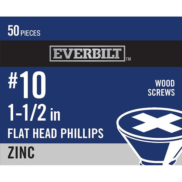 Everbilt #10 x 1-1/2 in. Phillips Flat Head Zinc Plated Wood Screw (50-Pack)