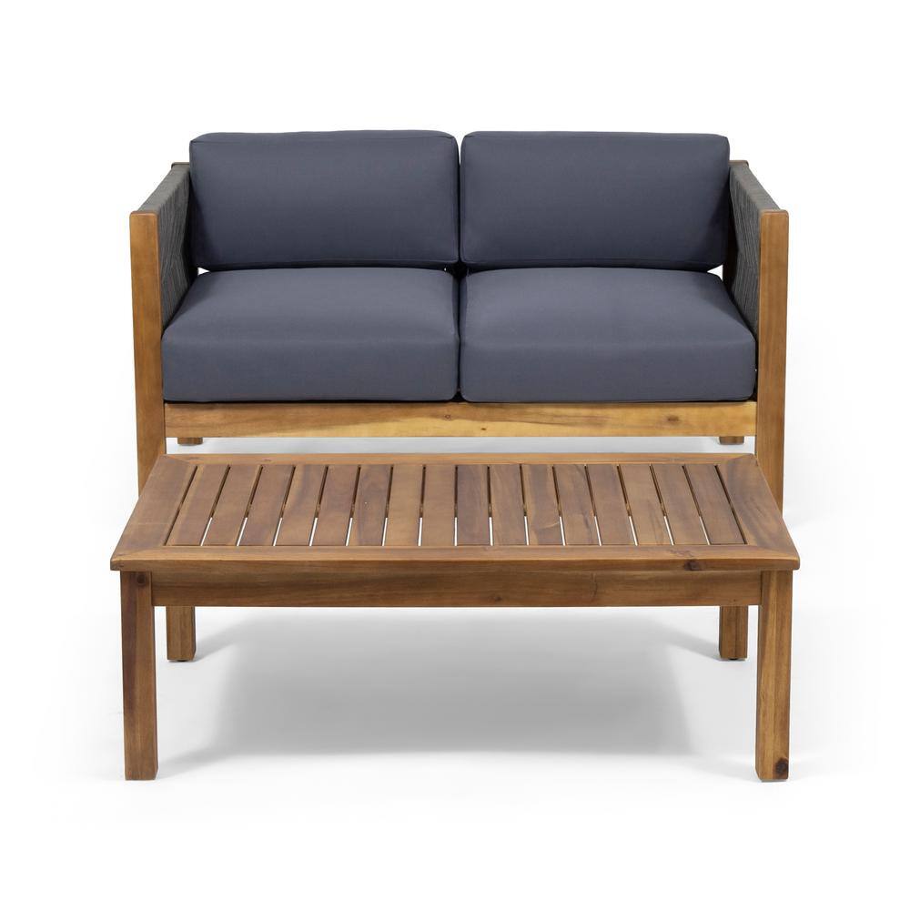 Teak Acacia Wood Outdoor Conversation Set, Loveseat with Dark Gray Cushion 